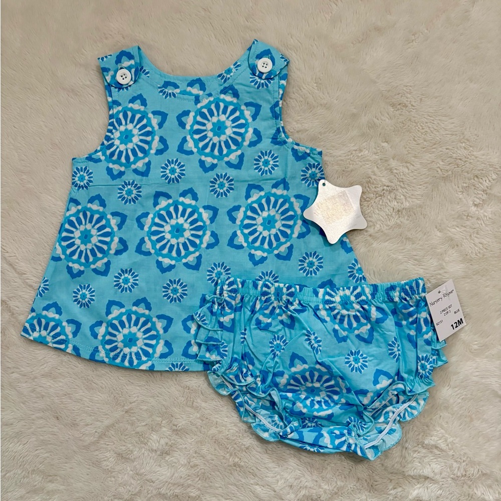 Blue Patterned Dress and Bloomers Set